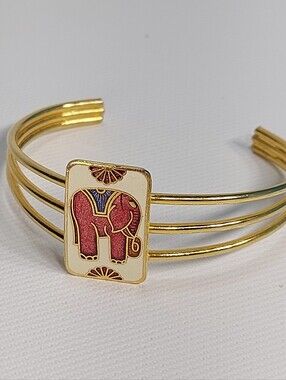 Enamel Elephant Triple Wire Gold Tone Open Cuff Bracelet